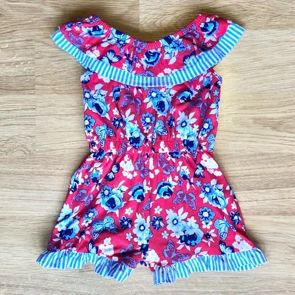 EUC Little Lass Baby Girl Romper-Red Floral,  Butterflies + Blue/White Stripes - Picture 2 of 5
